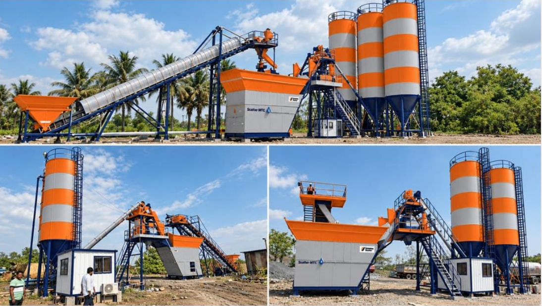 VEDA ready-mix concrete plant with orange and navy equipment